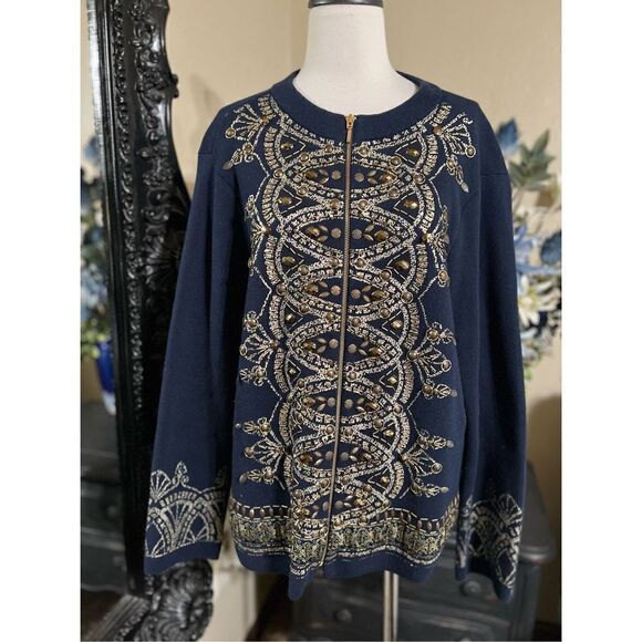 Chico's Navy Blue Plus Size Embellished Cardigan Sweater Size 16 - Picture 1 of 4